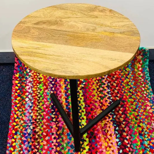 Kayra Round Side Table Made in Mango Wood and Metal Legs. 