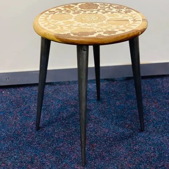 Hand Crafted Kayra Round Table Made in Solid Mango Wood and Cone Design Metal Legs. 