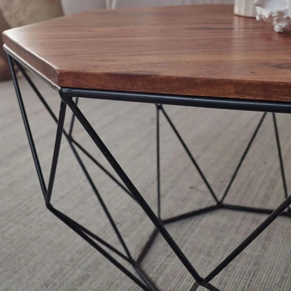 Solid sheesham wood Hexagonal Shape table with geometric black metal base.