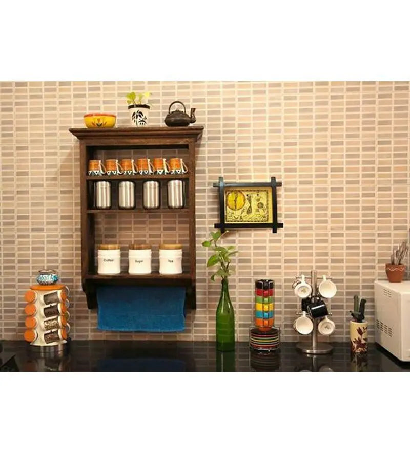Solid sheesham wood Three open compartments and one towel hanging rod Kitchen wall rack. 