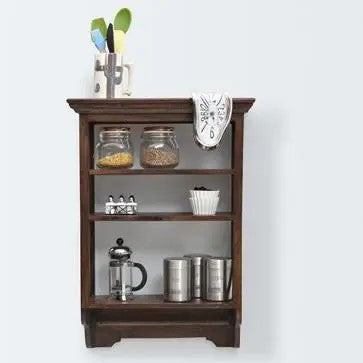 Wooden Three open compartments and one towel hanging rod Kitchen wall rack.
