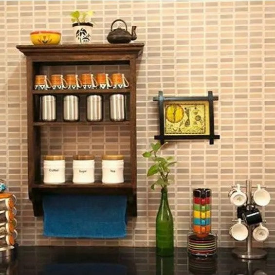 Solid sheesham wood Three open compartments and one towel hanging rod Kitchen wall rack.