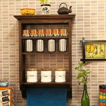 Solid wood Three open compartments and one towel hanging rod Kitchen wall rack. 