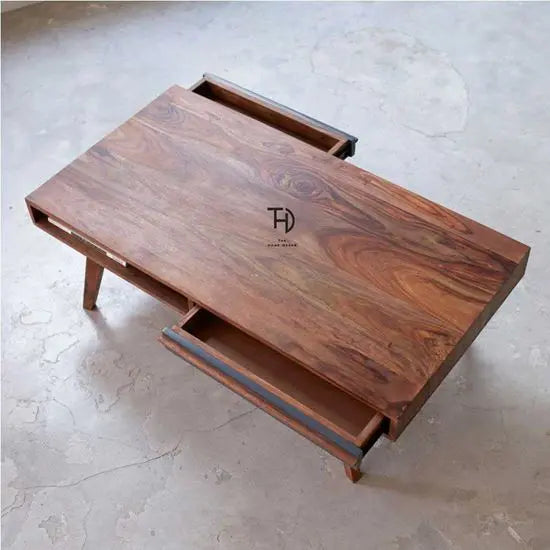 Sheesham wood Rectangle shape Modern Laatto coffee table with two gray-colored drawers and shelves.