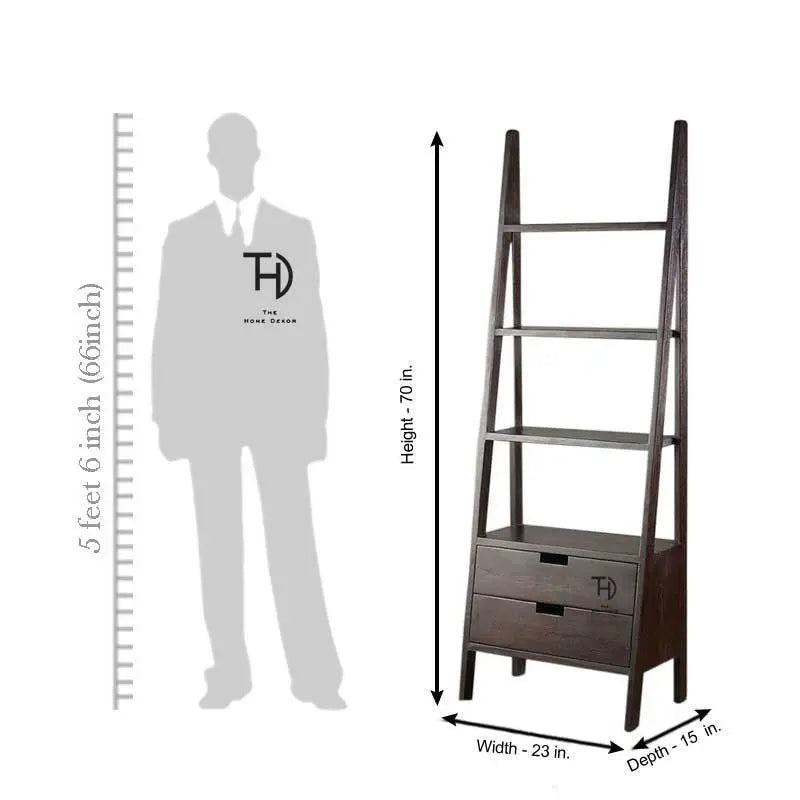 Mango wood ladder with four shelf and two drawers.