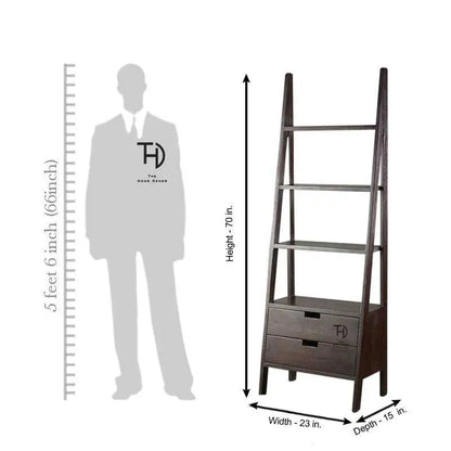 Mango wood ladder with four shelf and two drawers.