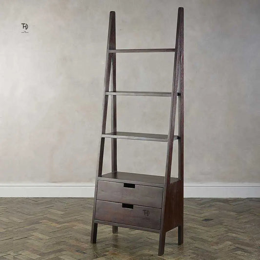 Wooden ladder with four shelf and two drawers.