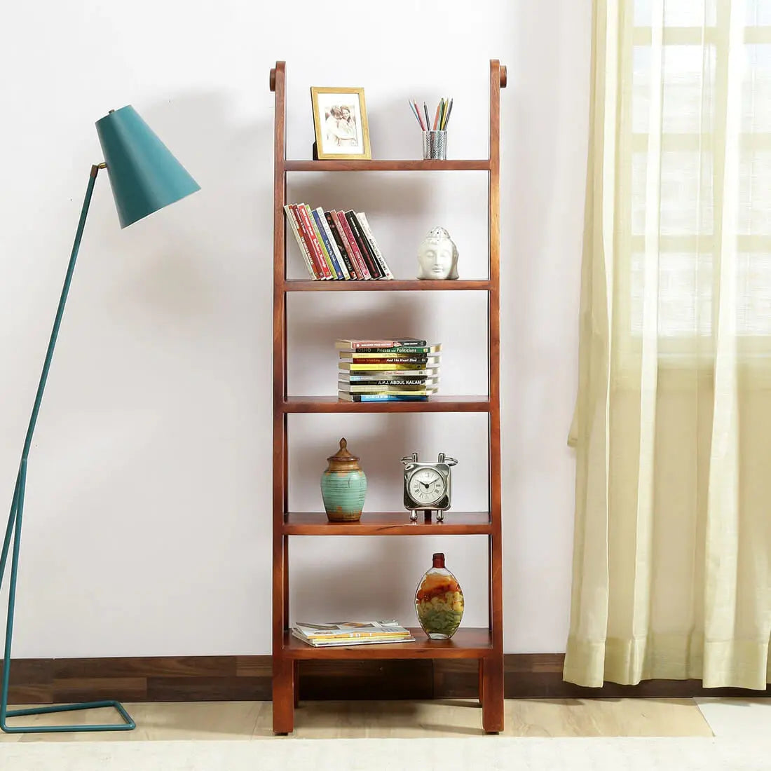 Solid wood ladder five shelf bookcase for keeps decorative items and books.