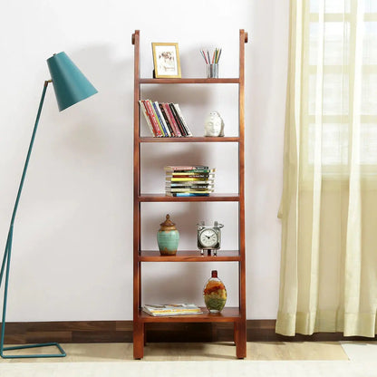 Solid wood ladder five shelf bookcase for keeps decorative items and books.