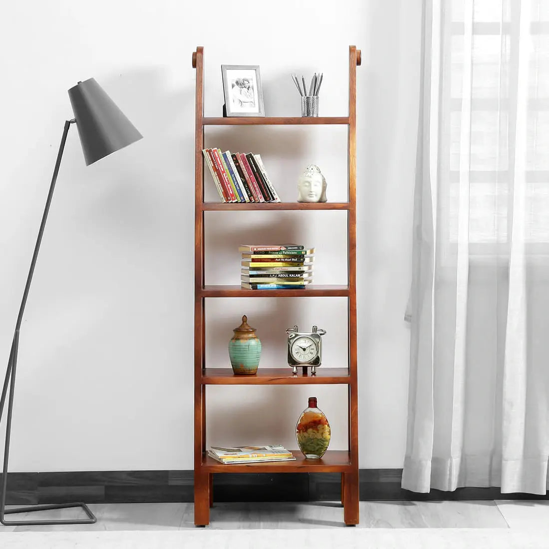 Mango wood ladder five shelf bookcase for keeps decorative items and books.