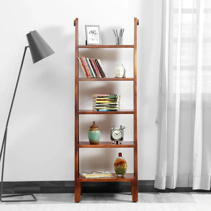 Mango wood ladder five shelf bookcase for keeps decorative items and books.