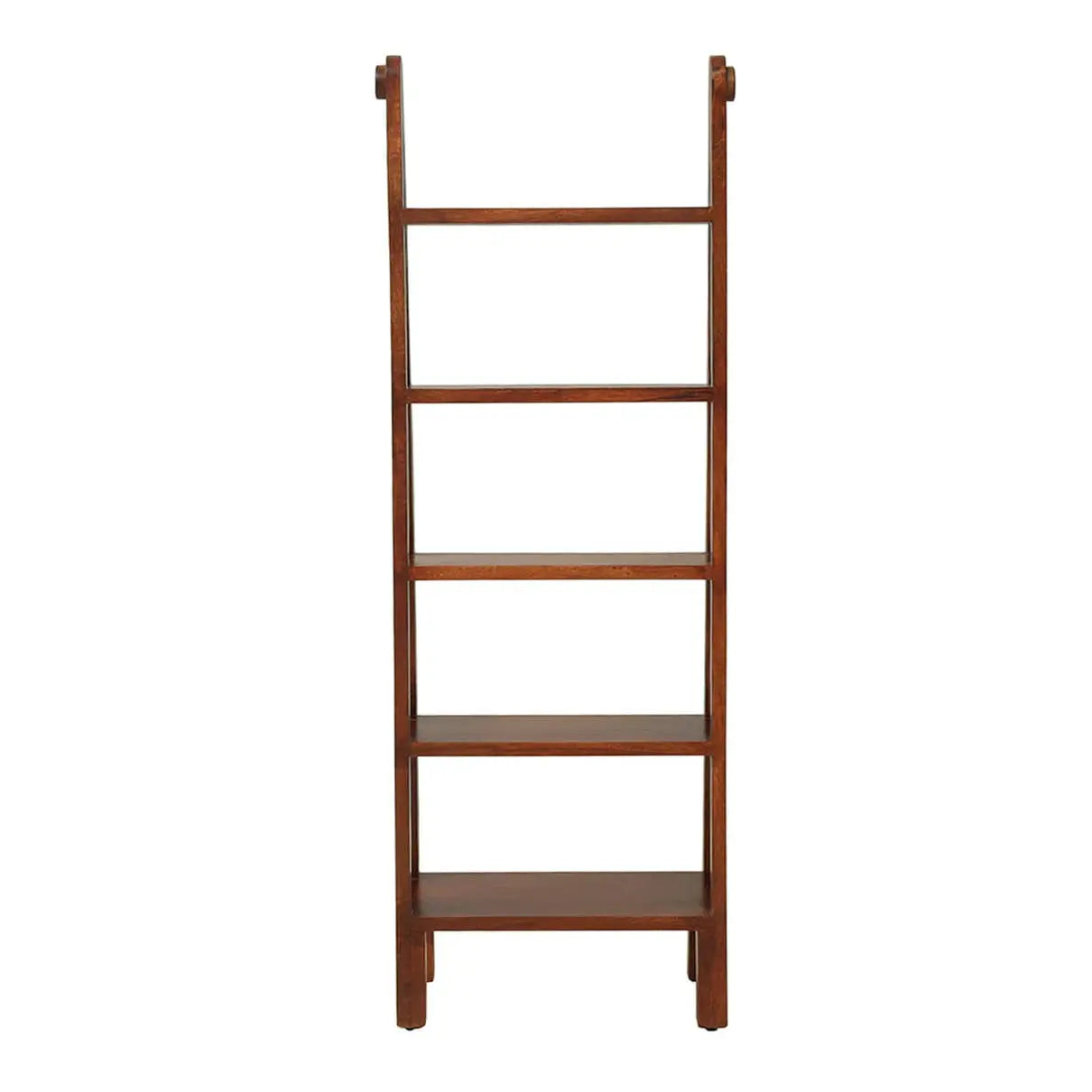 Wooden ladder five shelf bookcase for keeps decorative items and books.