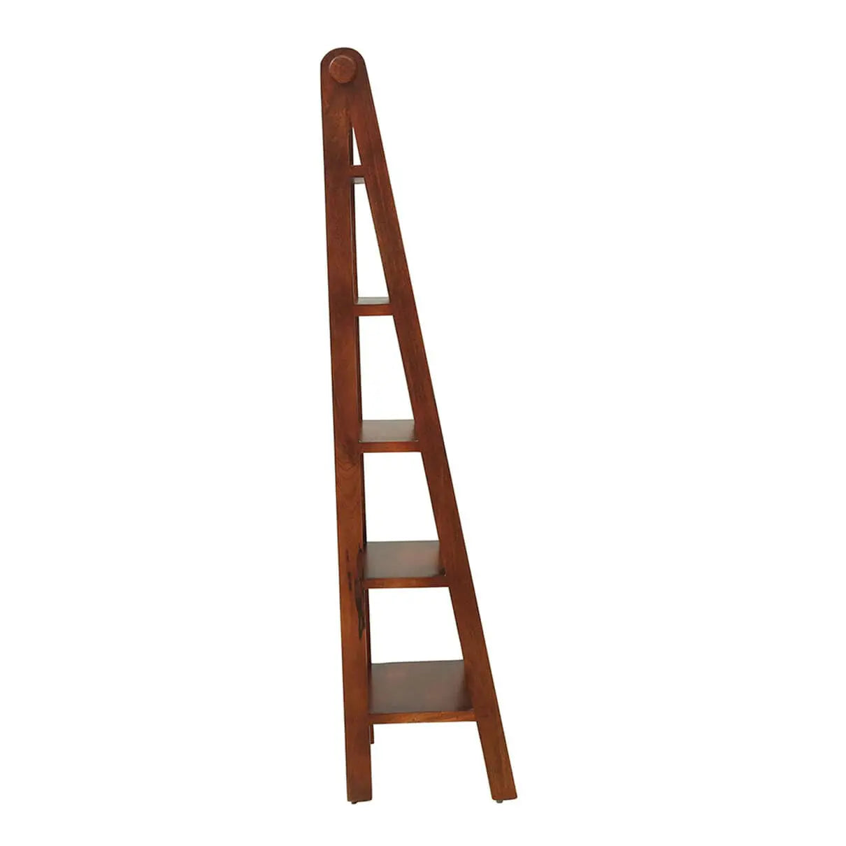 Mango wood ladder five shelf bookcase for keeps decorative items and books.