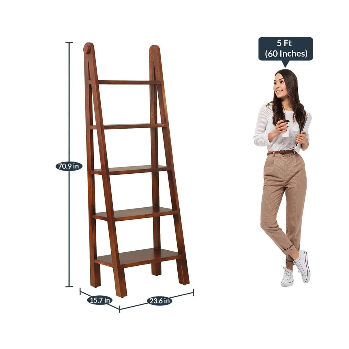 Solid wood ladder five shelf bookcase for keeps decorative items and books.