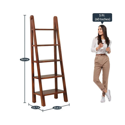 Solid wood ladder five shelf bookcase for keeps decorative items and books.