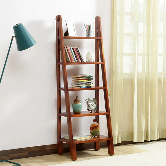Wooden ladder five shelf bookcase for keeps decorative items and books.