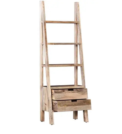 Mango Wood Two Drawer and Four Open Shelf LadWing Natural Bookcase. 