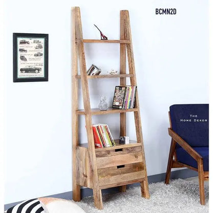 Solid Mango Wood Two Drawer and Four Shelf LadWing Natural Bookcase. 