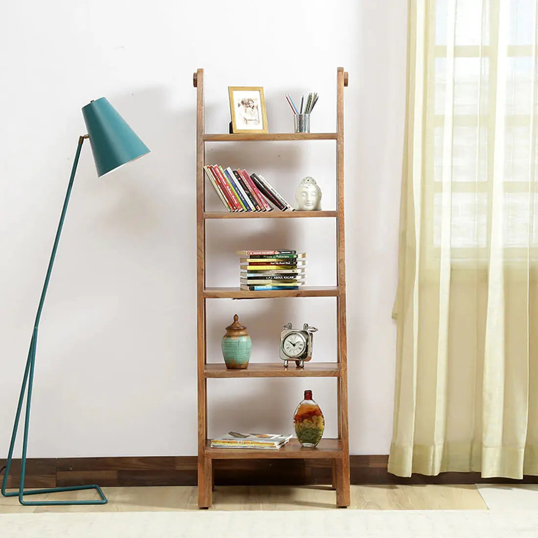 Solid wood ladder five shelf bookcase for keeps decorative items and books.