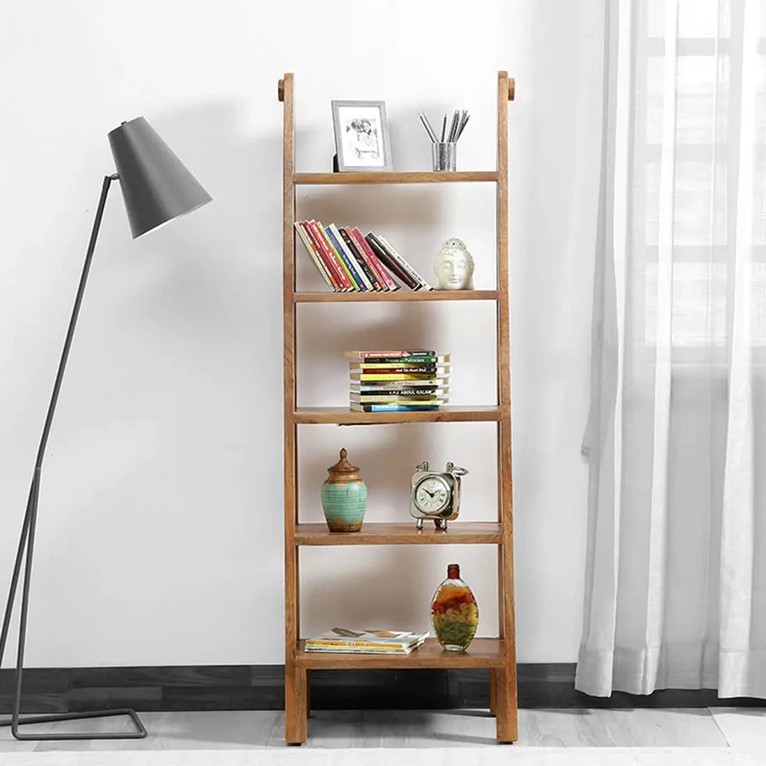 Mango wood ladder five shelf bookcase for keeps decorative items and books.