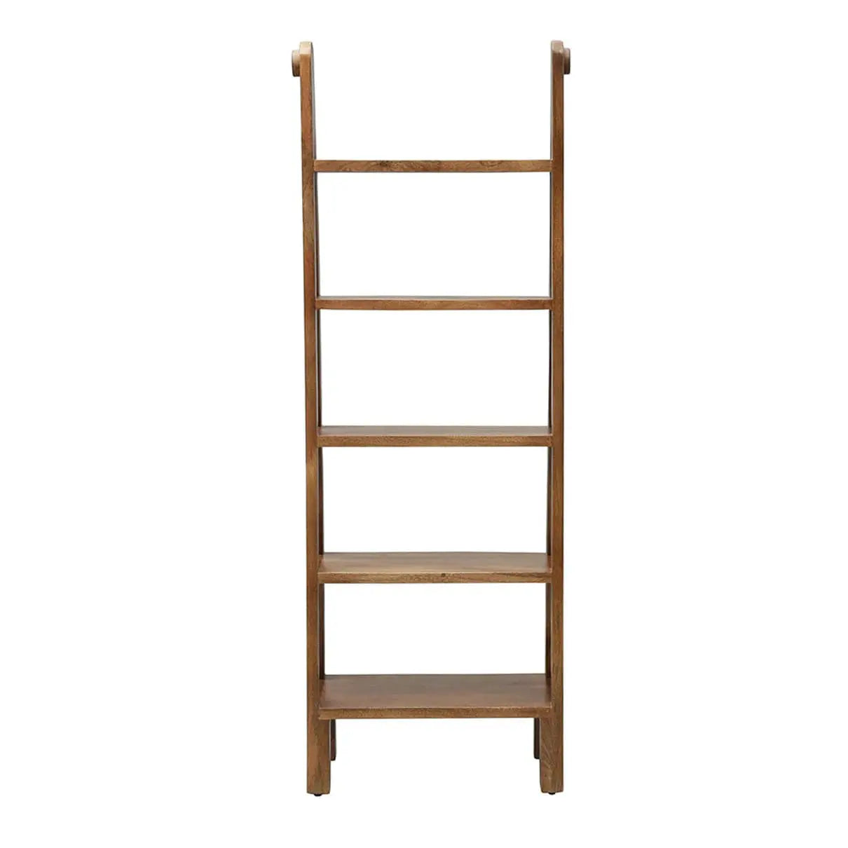 Wooden ladder five shelf bookcase for keeps decorative items and books.