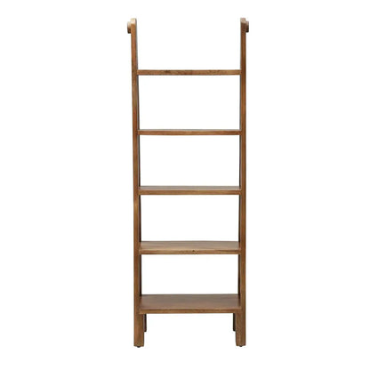 Wooden ladder five shelf bookcase for keeps decorative items and books.