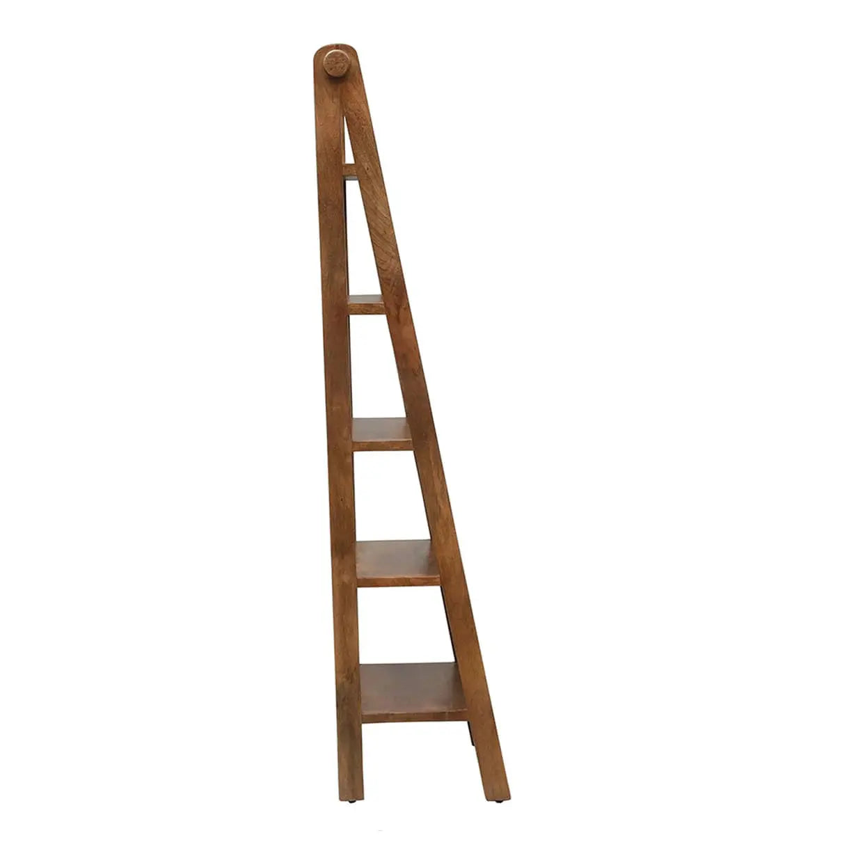 Mango wood ladder five shelf bookcase for keeps decorative items and books.