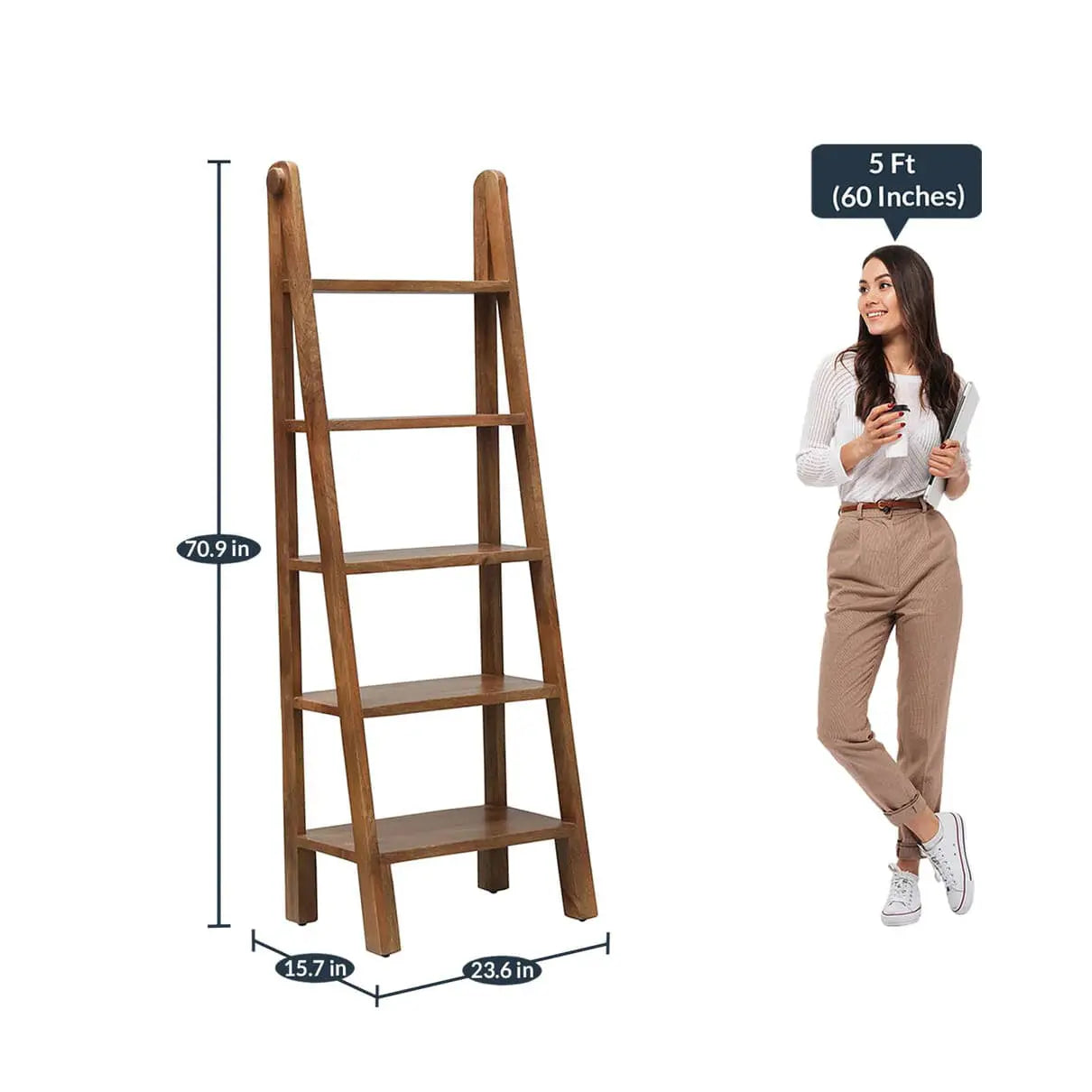 Solid wood ladder five shelf bookcase for keeps decorative items and books.