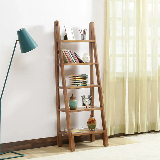 Wooden ladder five shelf bookcase for keeps decorative items and books.