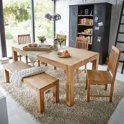 Solid wood dining set comprising a table, bench, and four chairs. 
