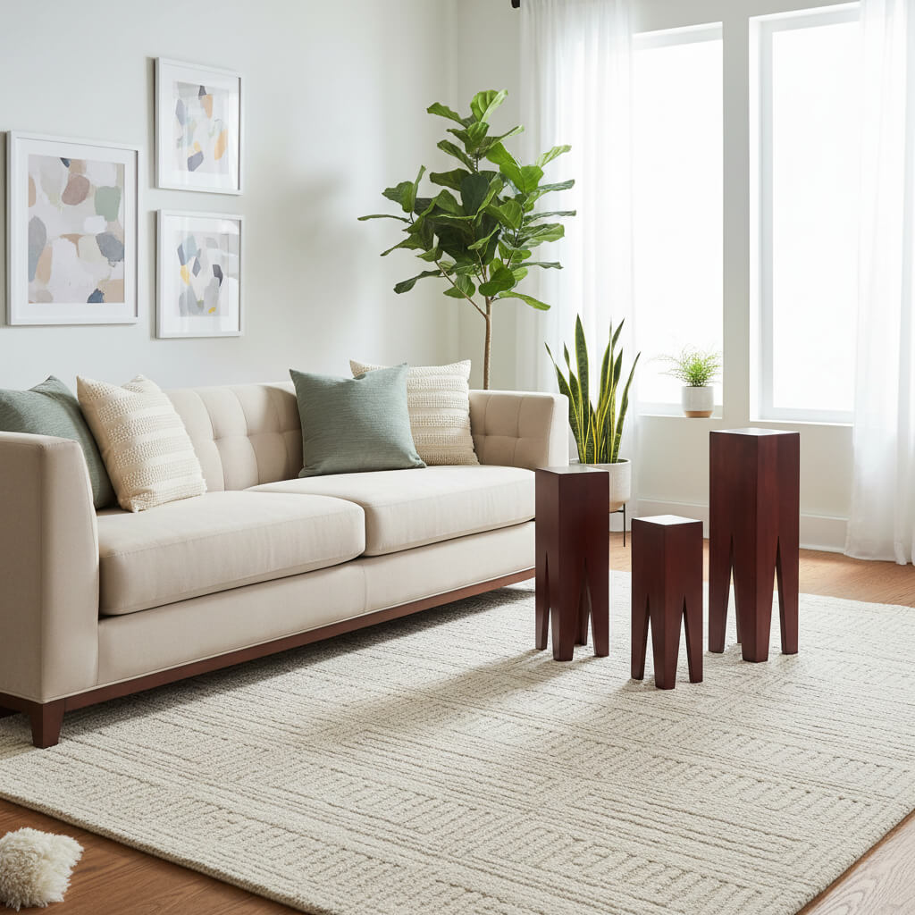 Three wooden end tables in a set, with a dark finish.