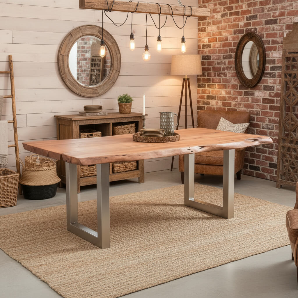 Wooden live edge dining table with metal legs.