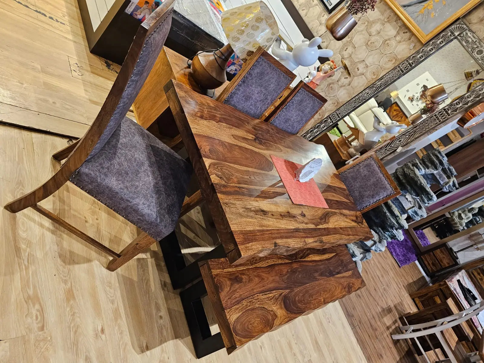 Six seater Wooden dining table with four chairs,  and bench.