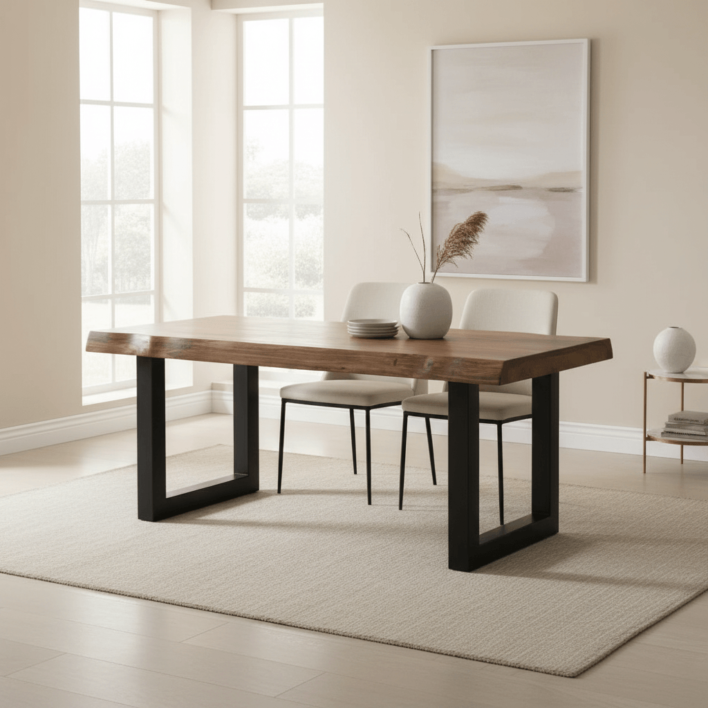 A rectangular sheesham wood dining table with a live edge design on top and black metal legs.