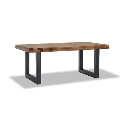 A rectangular sheesham wood dining table with a live edge design on top and black metal legs.
