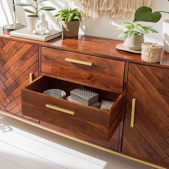 Herringbone design Two door and Three drawer Loga Sideboard made in Acacia Wood and metal legs.