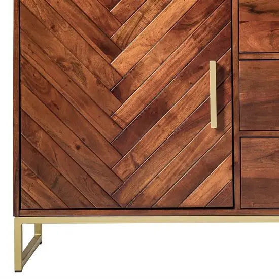 Acacia Wood and metal legs Herringbone design Two door and Three drawer Loga Sideboard.
