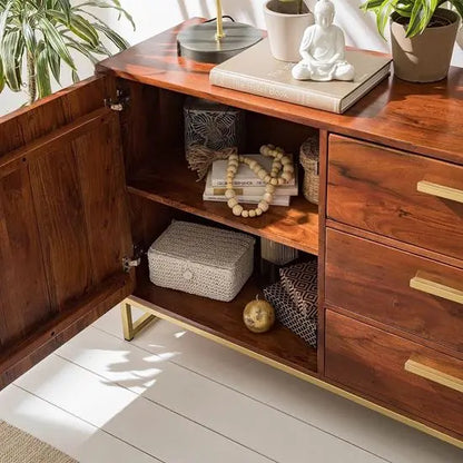 Solid Acacia Wood and metal legs Herringbone design Two door and Three drawer Loga Sideboard.