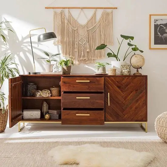 Herringbone design Two door and Three drawer Loga Sideboard made in Solid Acacia Wood and metal legs.
