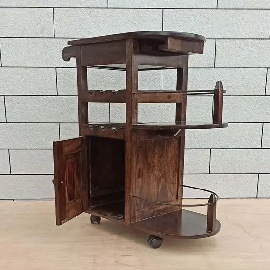 Solid Sheesham Wood One Door and One Drawer Logan Bar Cabinet Walnut. 