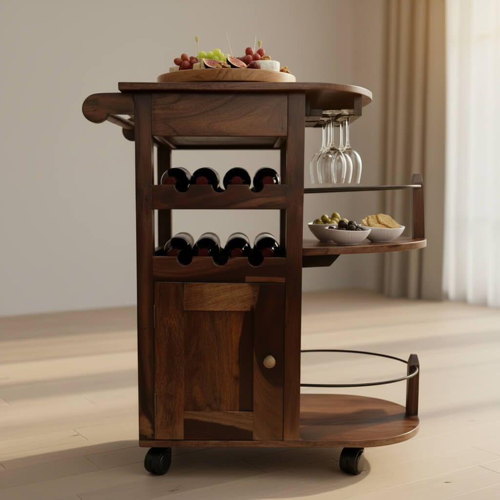 One Door and One Drawer Logan Bar Cabinet Walnut Made in Solid Sheesham Wood. 