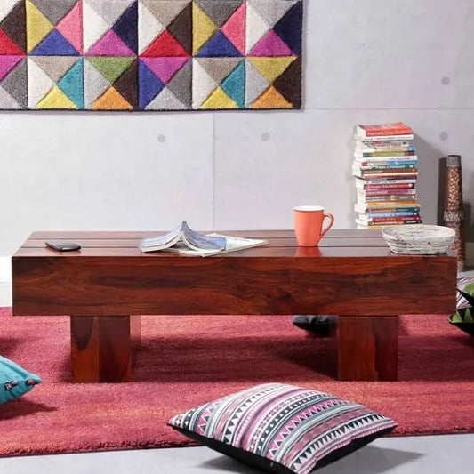 Solid wood rectangle shape logatto coffee table in honey finish.  
