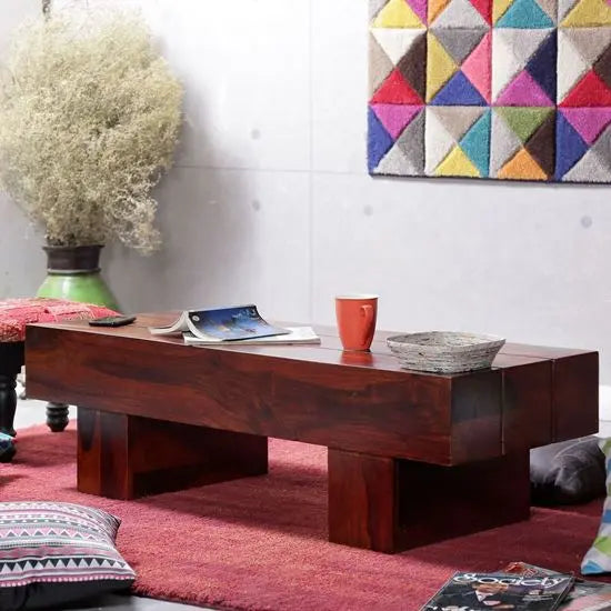 Solid sheesham wood rectangle shape logatto coffee table in honey finish.  