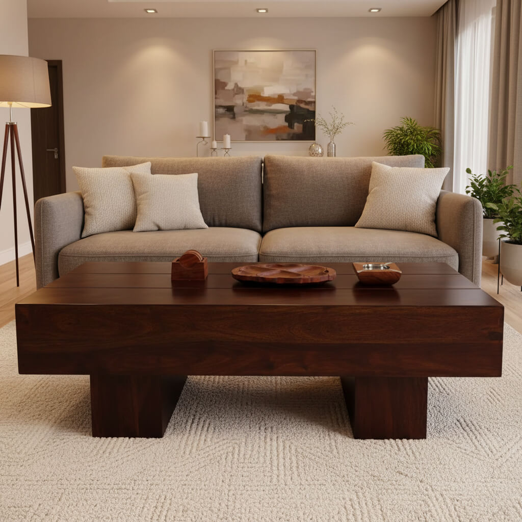 A rectangular brown wooden coffee table with a minimalist design, featuring a low profile and square legs.