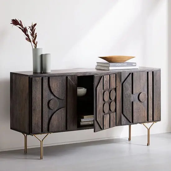 Solid mango wood Three door and metal legs loria sideboard with beutiful design on door panel. 