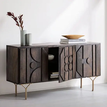 Solid mango wood Three door and metal legs loria sideboard with beutiful design on door panel. 