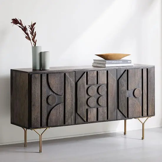Three door mango wood cabinet with metal legs.