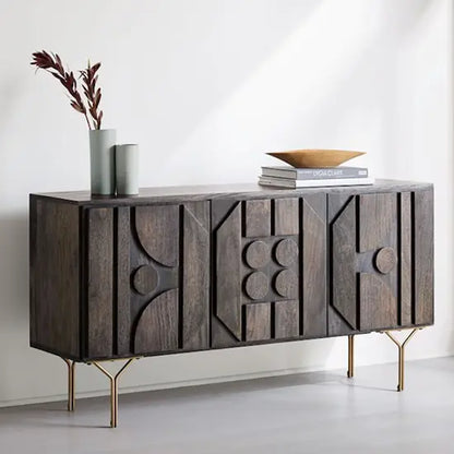 Three door mango wood cabinet with metal legs.