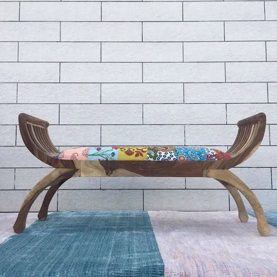 Solid wood lotus bench two seater in two tone finish with cotton patch fabric. 