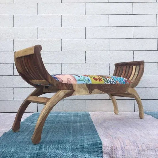 Wooden lotus bench two seater in two tone finish with cotton patch fabric. 